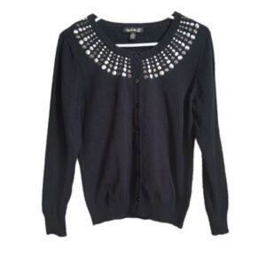 Top Knits Black Knit Jewel Embellished Collar Cardigan Sweater Size L